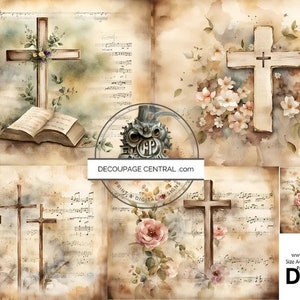 Découpage central, papier de riz, Pâques, vintage, parchemin, fleurs, roses, croix, carrés, shabby chic, DC290, techniques mixtes, A4 8,27 x 11,69