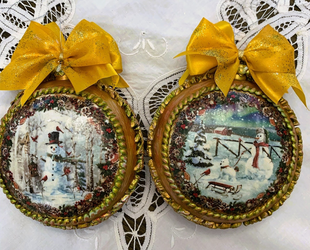 Handcrafted Shabby Chic Vintage Style Mixed Media Snowman Ornament Set