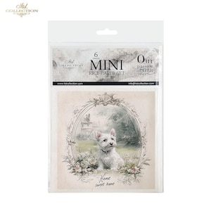 May include: A package of 6 sheets of mini rice paper featuring a white dog in a garden setting with the text "Home sweet home".