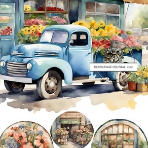 Decoupage Central, camion vintage, marché aux fleurs, fleurs, ronds, bleu, aquarelle, DC194, papier de riz, découpage, techniques mixtes, A4 8,27 x 11,69