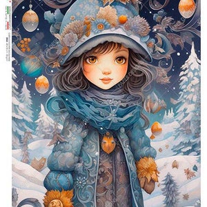 Diseños de papel, Lanzamiento 2023, Invierno, Niña, País de las Maravillas, Shabby Chic, Estilo vintage, Papel de arroz, Decoupage, Técnica mixta, 0158, A4 8.3" x 11.7"