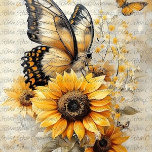 Reba Rose Creations, papier de riz pour découpage, techniques mixtes, floral, tournesol, papillon, shabby chic, style vintage, 1747 A4 8,27 x 11,6