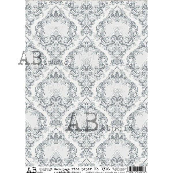 AB Studio  Wallpaper Damask, Gray, White, Background, 1316, Size: A4 - 8.27 X 11.69 inches Rice Paper for Decoupage Imported from Poland