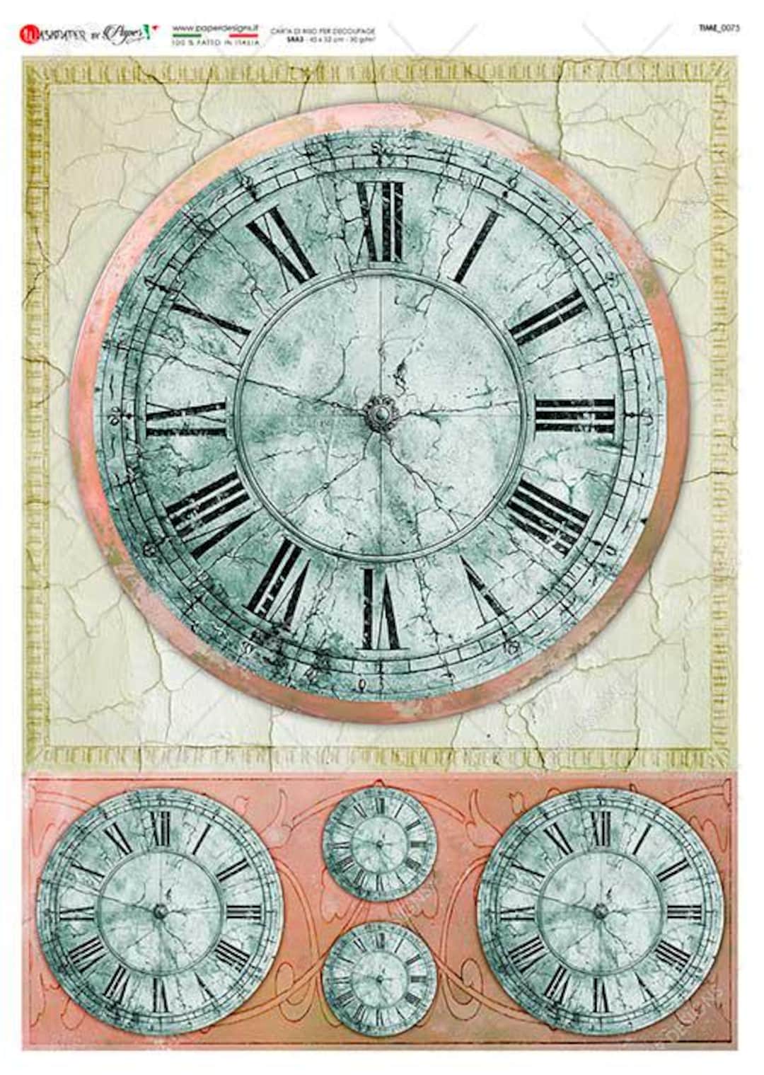 Clock Pattern Paper Design Paper Designs Italian Rice Paper, Clock Faces, Time, Vintage Style, A4 ...