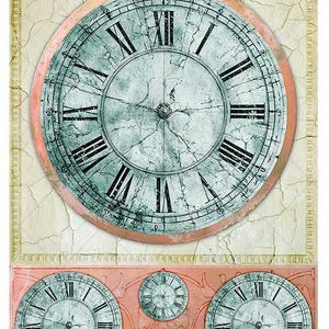 May include: A sheet of paper featuring clock faces. The main clock face is large and round, with Roman numerals and a distressed, aged appearance. Below are three smaller clock faces. The color scheme includes shades of teal, pink, and cream.