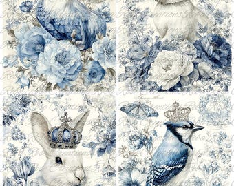 Reba Rose Rice Paper for Decoupage, Blue and White Crowned Birds, Bunny, Mixed Media, A4, 8.27 X 11.6