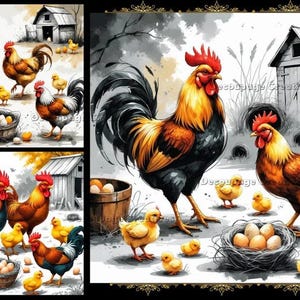 Objets créatifs pour découpage, Papier de riz, Poulailler, Style campagnard, Animaux de la ferme, Carrés, Coloré, Technique mixte, A4 8,27 x 11,69 DPD818