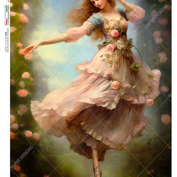 Paper Designs, 2023 Release, Floating Ballerina, Roses, Shabby Chic, Vintage Style, Rice Paper, Decoupage, Mixed  Media, 0165 A4 8.3 X 11.7