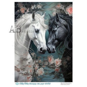 AB Studio, Milky Valley, papier de riz, chevaux, noir, blanc, roses, shabby chic, découpage, techniques mixtes, A4 8,27 x 11,69, ID-748