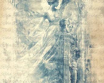 Papel de seda Reba Rose Creations para decoupage / Ángel azul y blanco envejecido, estilo vintage, 50 x 76 cm / Técnica mixta, suministros para manualidades DIY