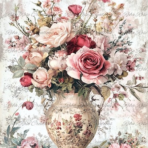 Reba Rose Creations, papier de riz, découpage, techniques mixtes, rose, vase, bouquet, roses, shabby chic, style ancien, 1492, A4 8,27 x 11,6