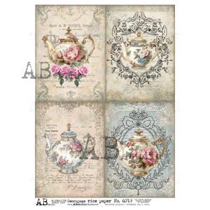 AB Studio, papier de riz, serviettage, théières, fleurs, roses, carrés, papier cartonné, antiquité, style shabby chic, ID-6719, A4 8,27 x 11,69 pouces