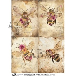 May include: Decoupage rice paper featuring four panels with vintage-style illustrations of bees adorned with flowers. The bees have transparent wings and are set against a backdrop of aged paper with script.