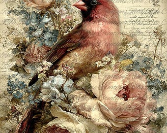 Reba Rose Rice Paper for Decoupage, Colorful Cardinal, Spring Flowers, Mixed Media, A4, 8.27 X 11.6