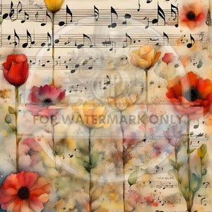 Decoupage Central, Papier de riz, Notes de musique, Coquelicots, Floral, Papier peint, Aquarelle, Fleurs, Shabby Chic, DC601, Technique mixte, A4 8,27 x 11,69