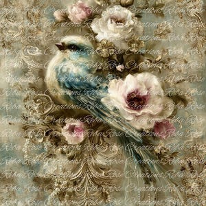 Reba Rose Creations, papier de riz pour découpage, techniques mixtes, oiseau bleu givré, roses, shabby chic, 1979, A4 8,27 x 11,6