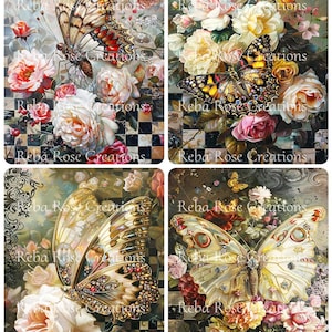 Reba Rose Creations, papier de riz, découpage, techniques mixtes, bijoux, papillons, rose, roses, carrés, shabby chic, 1158, A4 8,27 x 11,6