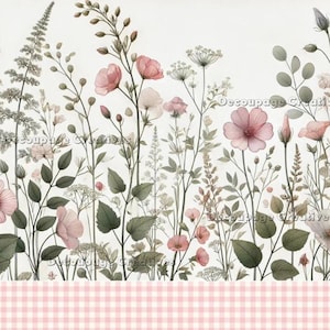 May include: A watercolor illustration of a floral arrangement with pink flowers and green leaves on a white background. The bottom of the image features a pink and white gingham pattern.