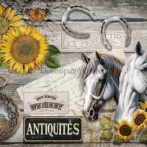 Decoupage Queen, Rice Paper, 2023 Fall Release, DPRP-0493 A4, Decoupage 8.3&quot; X 11.7&quot;,  Sunflowers, Horses, Antiques, Fall, Autumn