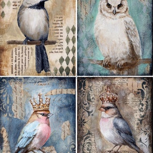 Reina del Decoupage, Papel de Arroz, Lanzamiento de Primavera 2024, Teresa Rene Art, 4 Pájaros, Pájaros Coronados, Búho, Estilo Vintage, 0587, A4, A3