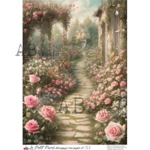 AB Studio, La Petit Paris, papier de riz, style vintage, roses roses, shabby chic, allée de jardin, découpage, technique mixte A4 8,27 x 11,69