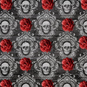 Decoupage Queen, Rice Paper, 2023 Fall Release, DPRP-0504 A4, Decoupage 8.3&quot; X 11.7&quot;, Halloween, Floral, Roses, Framed Skulls, Wallpaper