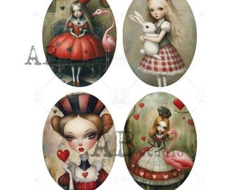 Puede incluir: Cuatro diseños de papel de arroz para decoupage de forma ovalada con personajes de Alicia en el País de las Maravillas. Los diseños incluyen a Alicia con un flamenco, Alicia con un conejo blanco, la Reina de Corazones con un flamenco y la Reina de Corazones con un corazón.
