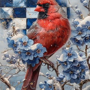 Reba Rose Creations, papier de riz pour découpage, techniques mixtes, cardinal rouge, fleurs bleu blanc, shabby chic, A4, 8,27 x 11,6