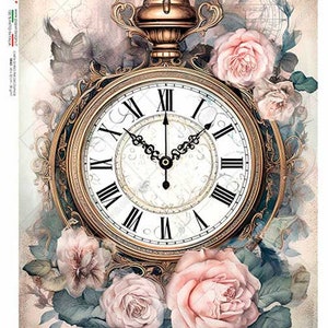 Diseños de papel, Lanzamiento 2023, Reloj barroco, Rosas, Shabby Chic, Estilo vintage, Papel de arroz, Decoupage, Técnica mixta, 0047 A4 8,3 x 11,7
