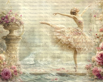 Reba Rose Creations, Tissue Paper for Decoupage, Mixed Media, Ballet Dancer, Vintage, Shabby Chic Style, Roses, Furniture Upcycle, 20" x 30"