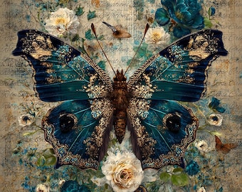 Reba Rose Rice Paper for Decoupage, Blue and Gold Butterfly, Florals, Mixed Media, A4, 8.27 X 11.6
