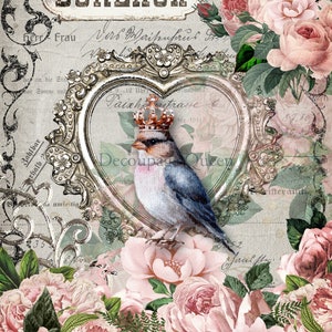May include: A vintage-inspired image featuring a blue bird wearing a crown, perched on a branch inside a heart-shaped silver frame. The frame is surrounded by pink roses and green leaves, with a background of old paper with handwritten text. The text on the paper includes the word "BUREAUX" and the phrase "Paichstrasse 6".