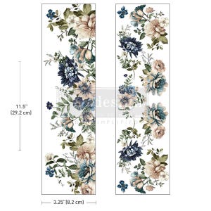 May include: Two floral design transfers, each 11.5 inches (29.2 cm) tall and 3.25 inches (8.2 cm) wide. The transfers feature a variety of flowers in shades of blue, beige, and green, with intricate details and a vintage aesthetic.