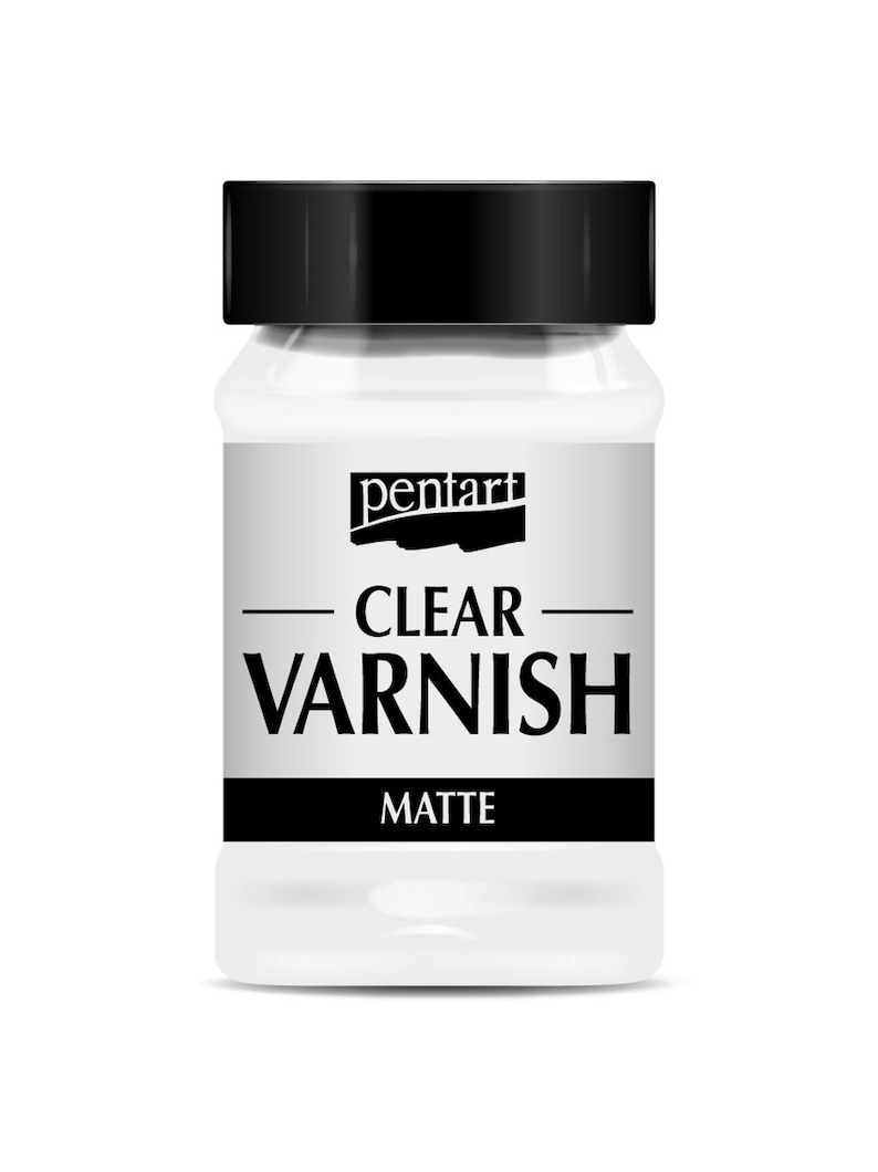 Puede incluir: Un frasco blanco con tapa negra y una etiqueta negra que dice "pentart CLEAR VARNISH MATTE".