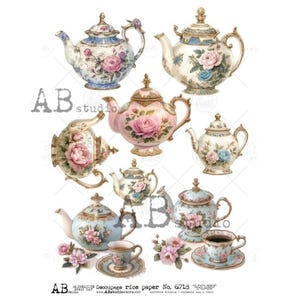 AB Studio, Milky Valley, papier de riz, découpage, théières, tasses à thé, floral, vintage, style shabby chic, ID-6718, A4 8,27 x 11,69 pouces