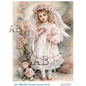 AB Studio, Milky Valley, papier de riz, découpage, shabby chic, style vintage, enfant, fille, dentelle, ange, roses, ID-17, A4 8,27 x 11,69
