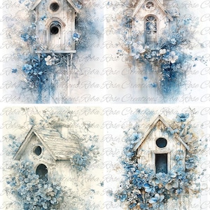 Reba Rose Creations, papier de riz pour découpage, techniques mixtes, cabanes d'oiseaux, fleurs bleues, carrés, shabby chic, 1771, A4 8,27 x 11,6