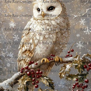 Reba Rose Creations, papier de riz pour découpage, techniques mixtes, Noël, hibou blanc, flocons de neige, neige, shabby chic, 1346, A4, 8,27 x 11,6