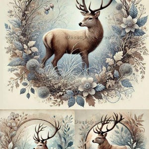 Objets créatifs pour découpage, papier de riz pour découpage, techniques mixtes, forêt brumeuse, cerf, couronnes, carrés, shabby chic, A4 8,27 x 11,6 DPD719