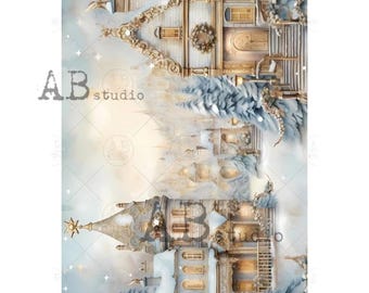 AB Studio, Papel de arroz, La Petit, Pueblo de invierno, Azul, Dorado, Europeo, Plaza del pueblo, A4 8,27 x 11,69, Técnica mixta, Decoupage, LP301