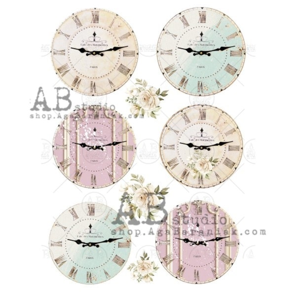 AB Studio Shabby Chic Clock Faces Color Rice paper A4 No. 0533 Size: 8.27 X 11.69 inches Rice Paper for Decoupage Imported from Poland