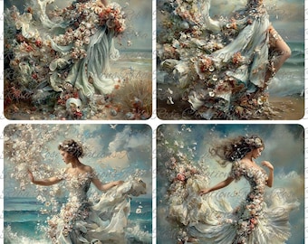 Reba Rose Rice Paper for Decoupage, Ladies with Flowing Rose Gowns Dancing by the Sea,  Mixed Media, A4, 8.27 X 11.6