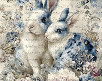 Reba Rose Rice Paper for Decoupage, Blue and White Bunny Rabbits, Flowers, Mixed Media, A4, 8.27 X 11.6