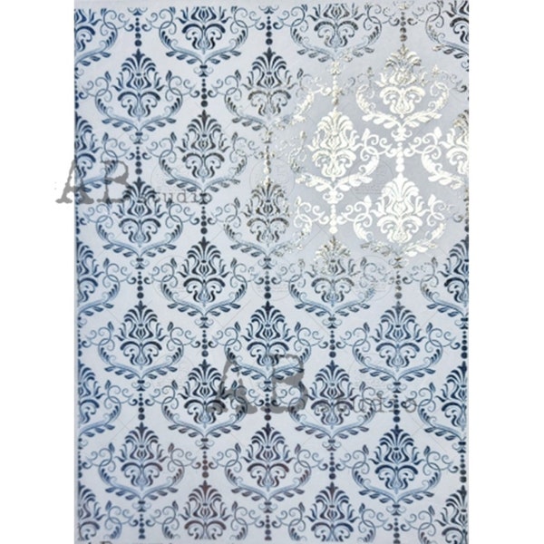 AB Studio Shabby Chic Blue Brocade Gold Gilded Rice Paper for Decoupage, Wallpaper, Background, 1574, A4  8.27 X 11.69 Imported Poland