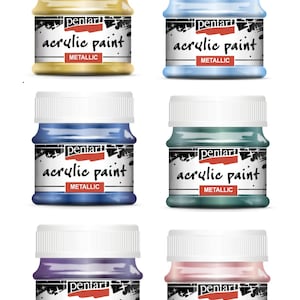 Puede incluir: Seis pequeños frascos de pintura acrílica metálica. Los frascos están etiquetados "pentart pintura acrílica metálica". Los colores son dorado, azul claro, azul, verde azulado, morado y rosa.