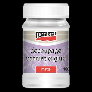 May include: A clear plastic bottle with a white lid containing Pentart decoupage varnish and glue in a matte finish. The bottle label is purple with white floral designs and the text "decoupage varnish & glue" in black. The text "matte" is in red.