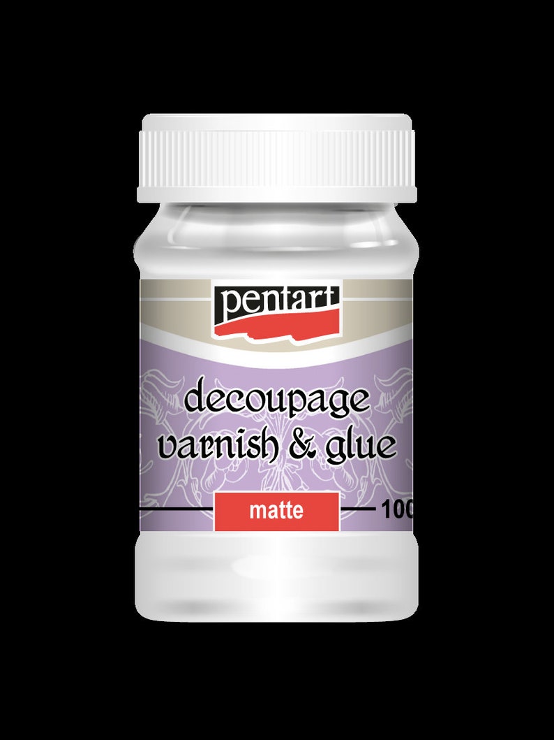May include: A clear plastic bottle with a white lid containing Pentart decoupage varnish and glue in a matte finish. The bottle label is purple with white floral designs and the text "decoupage varnish & glue" in black. The text "matte" is in red.