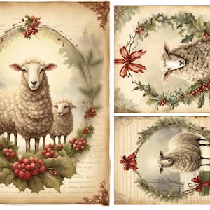 Décoration centrale, Noël, encadré, mouton, houx, vintage, style shabby chic, DC120, papier de riz, découpage, techniques mixtes, A4 8,2 x 11,6