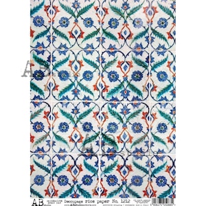 May include: A sheet of decoupage rice paper with a repeating pattern of blue, green, red, and white floral designs. The paper is labeled "Decoupage rice paper No. 1212".