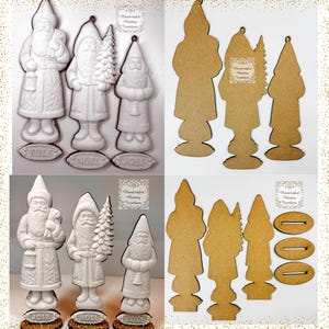 May include: Three white, unpainted wooden Santa Claus ornaments featuring embossed details, including a lantern, a tree, and a bell. Each figure has a base with the text YULE, NOEL, or JOIE. The reverse side shows plain brown wood material.